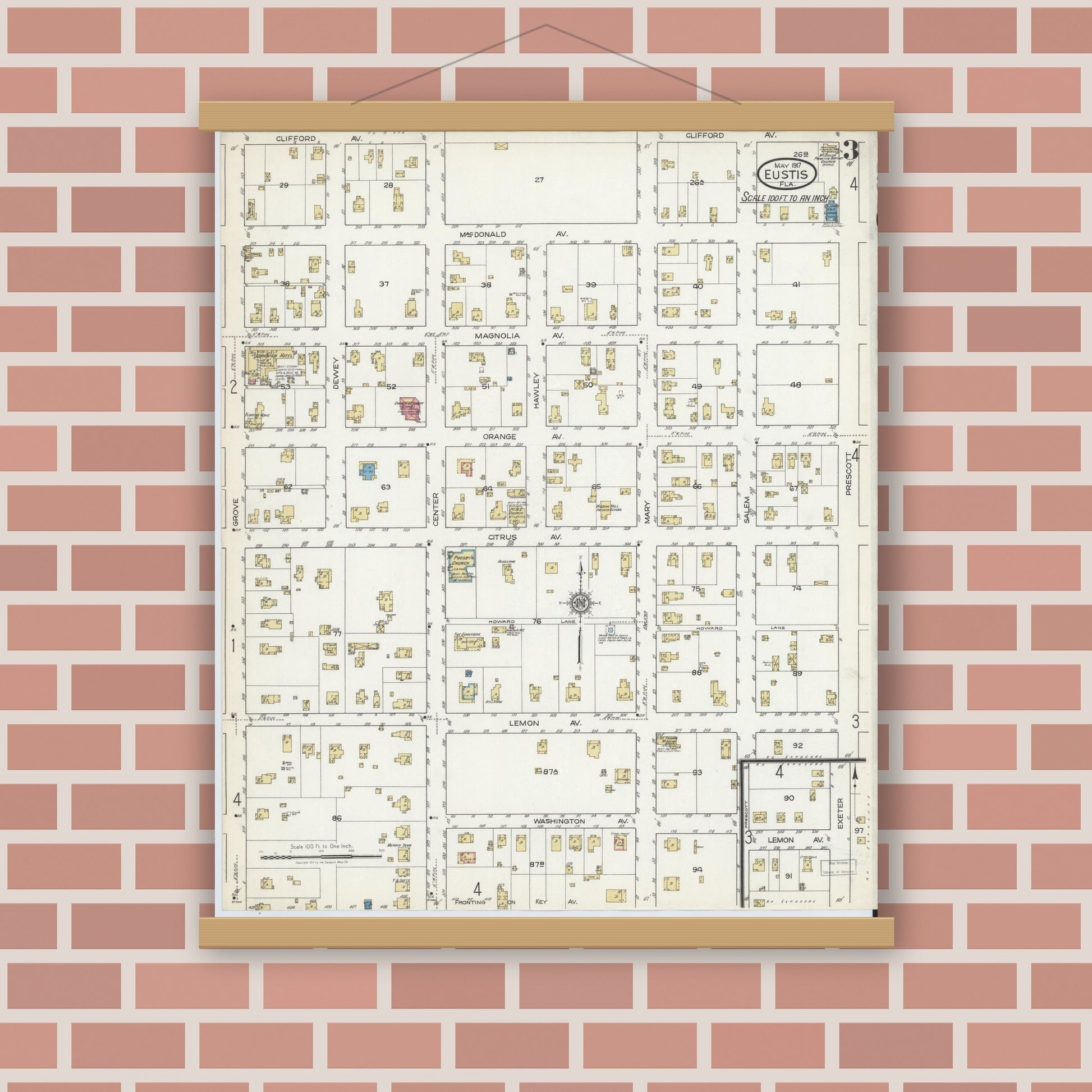Old map wall art mockup — magnetic wood frame on brick wall — Sanborn Fire Insurance Map from Eustis, Lake County, Florida (1917), Sheet #0003