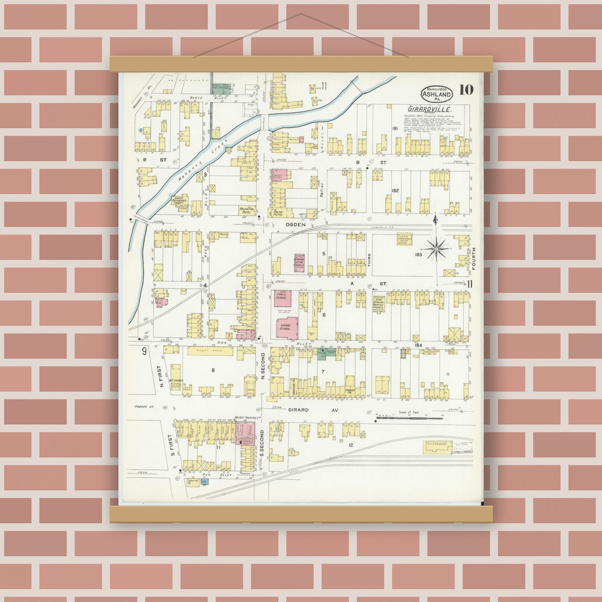 Old map wall art mockup — magnetic wood frame on brick wall — Sanborn Fire Insurance Map from Ashland, Schuylkill County, Pennsylvania (1908), Sheet #0010