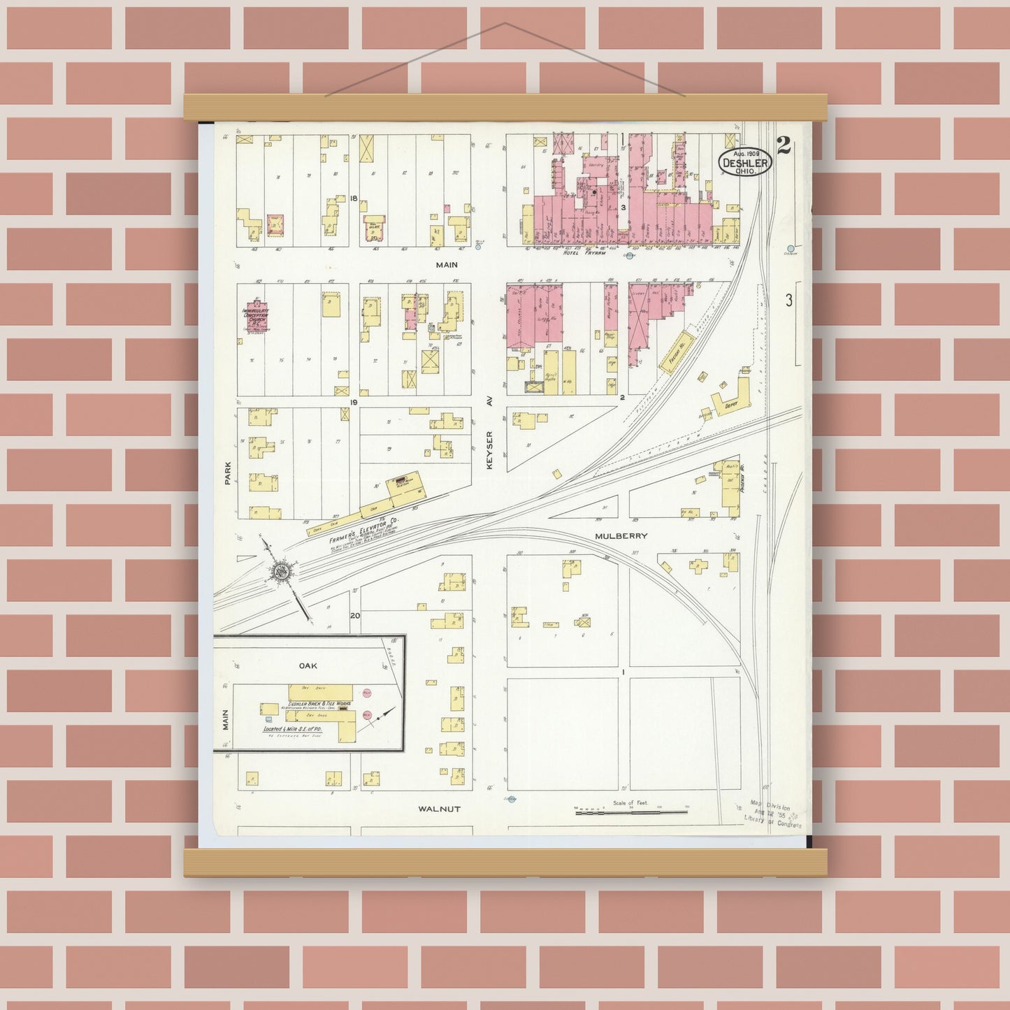 Old map wall art mockup — magnetic wood frame on brick wall — Sanborn Fire Insurance Map from Deshler, Henry County, Ohio (1909), Sheet #0002