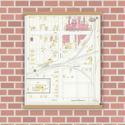 Old map wall art mockup — magnetic wood frame on brick wall — Sanborn Fire Insurance Map from Deshler, Henry County, Ohio (1909), Sheet #0002