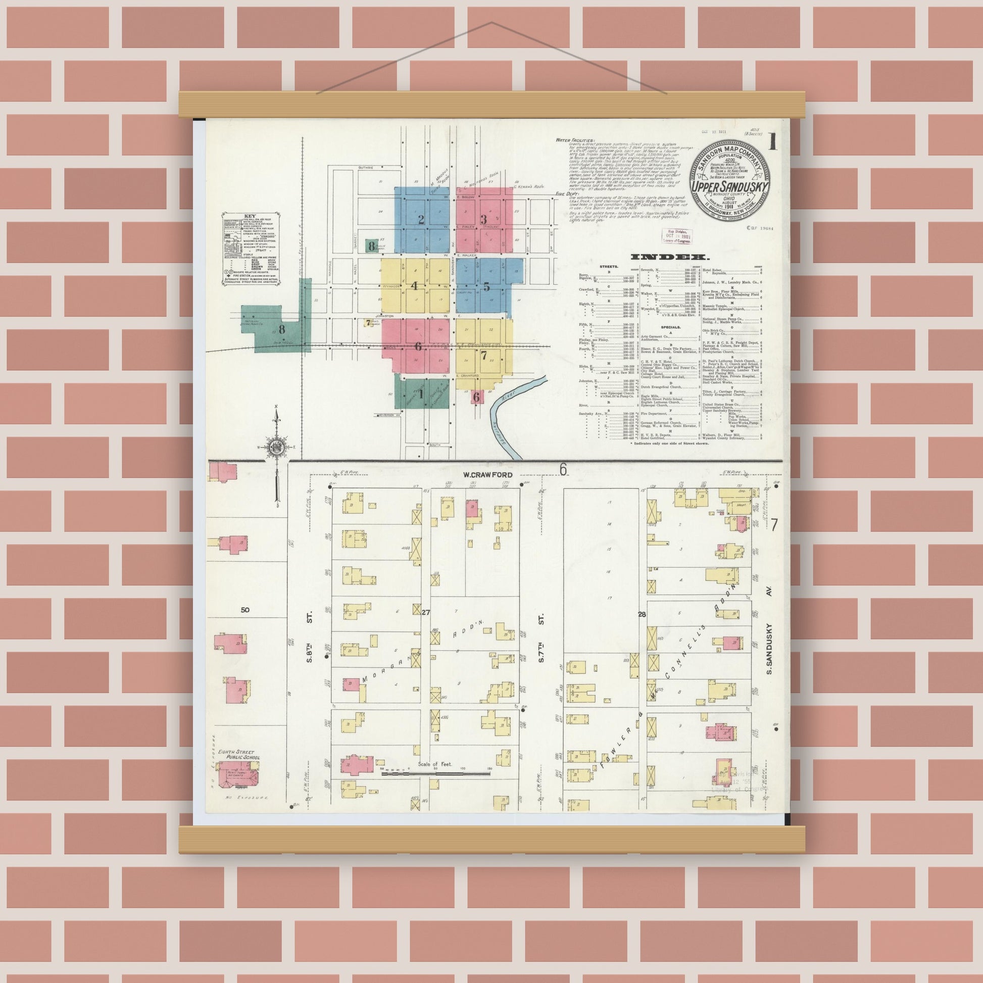Old map wall art mockup — magnetic wood frame on brick wall — Sanborn Fire Insurance Map from Upper Sandusky, Wyandot County, Ohio (1911), Sheet #0001