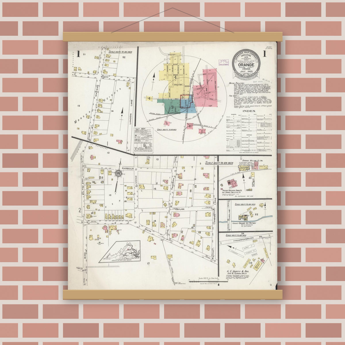 Old map wall art mockup — magnetic wood frame on brick wall — Sanborn Fire Insurance Map from Orange, Orange County, Virginia (1925) - Complete Map Set