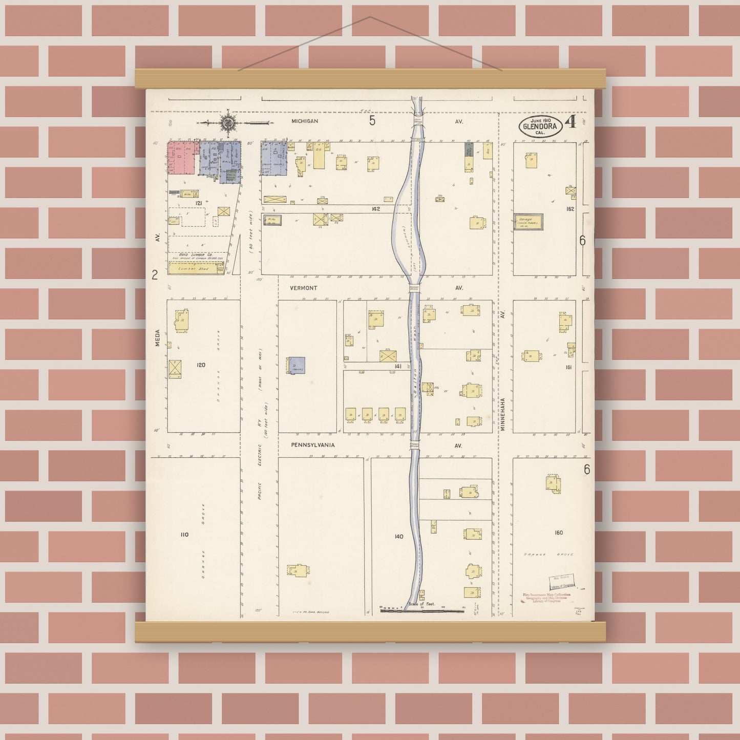 Old map wall art mockup — magnetic wood frame on brick wall — Sanborn Fire Insurance Map from Glendora, Los Angeles County, California (1910), Sheet #0004