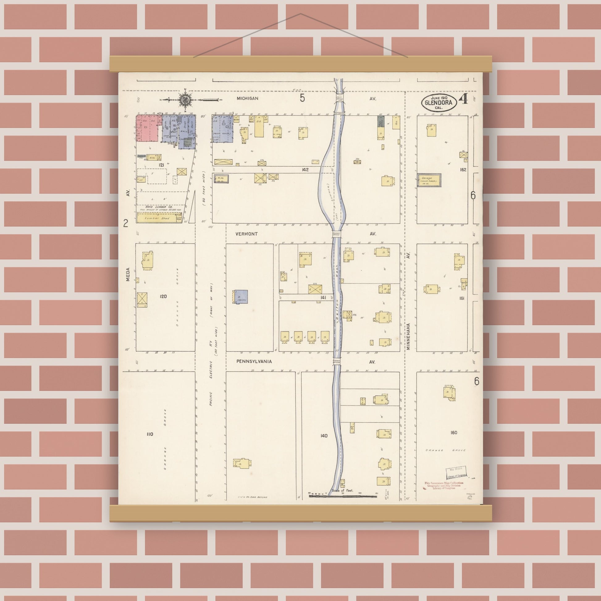 Old map wall art mockup — magnetic wood frame on brick wall — Sanborn Fire Insurance Map from Glendora, Los Angeles County, California (1910), Sheet #0004