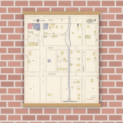 Old map wall art mockup — magnetic wood frame on brick wall — Sanborn Fire Insurance Map from Glendora, Los Angeles County, California (1910), Sheet #0004