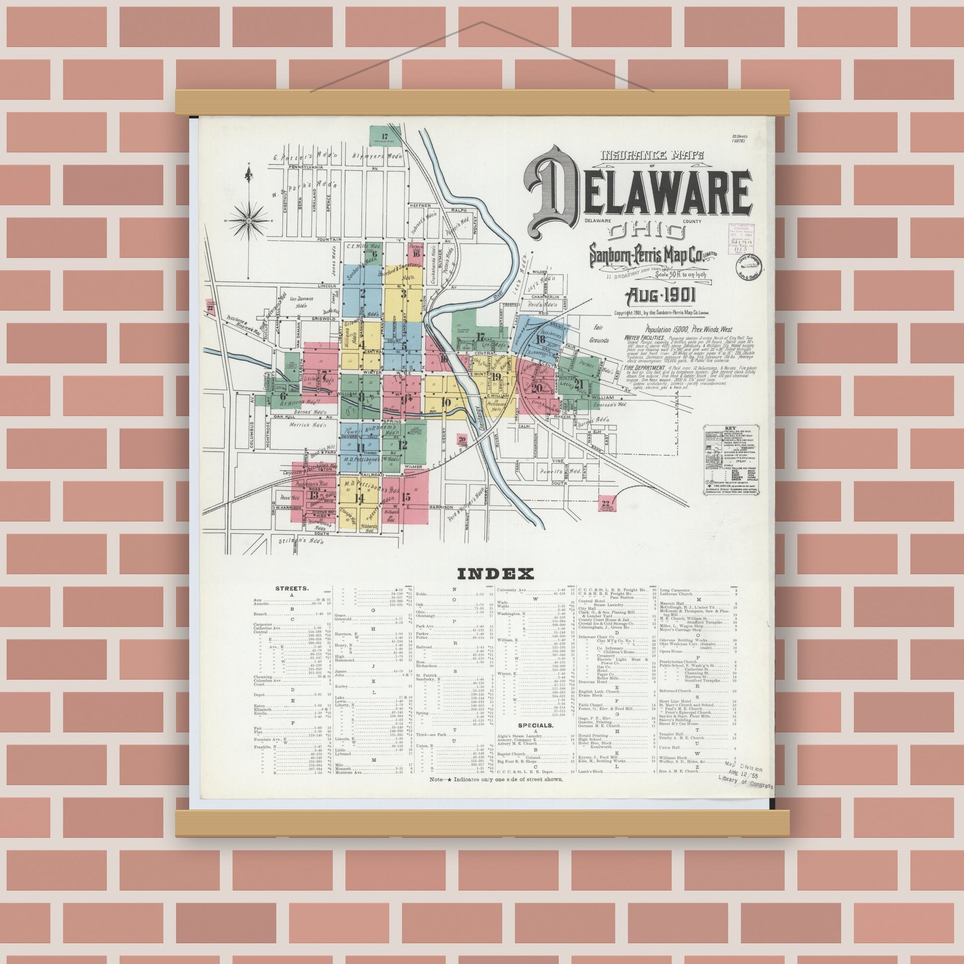 Old map wall art mockup — magnetic wood frame on brick wall — Sanborn Fire Insurance Map from Delaware, Delaware County, Ohio (1901), Sheet #0001