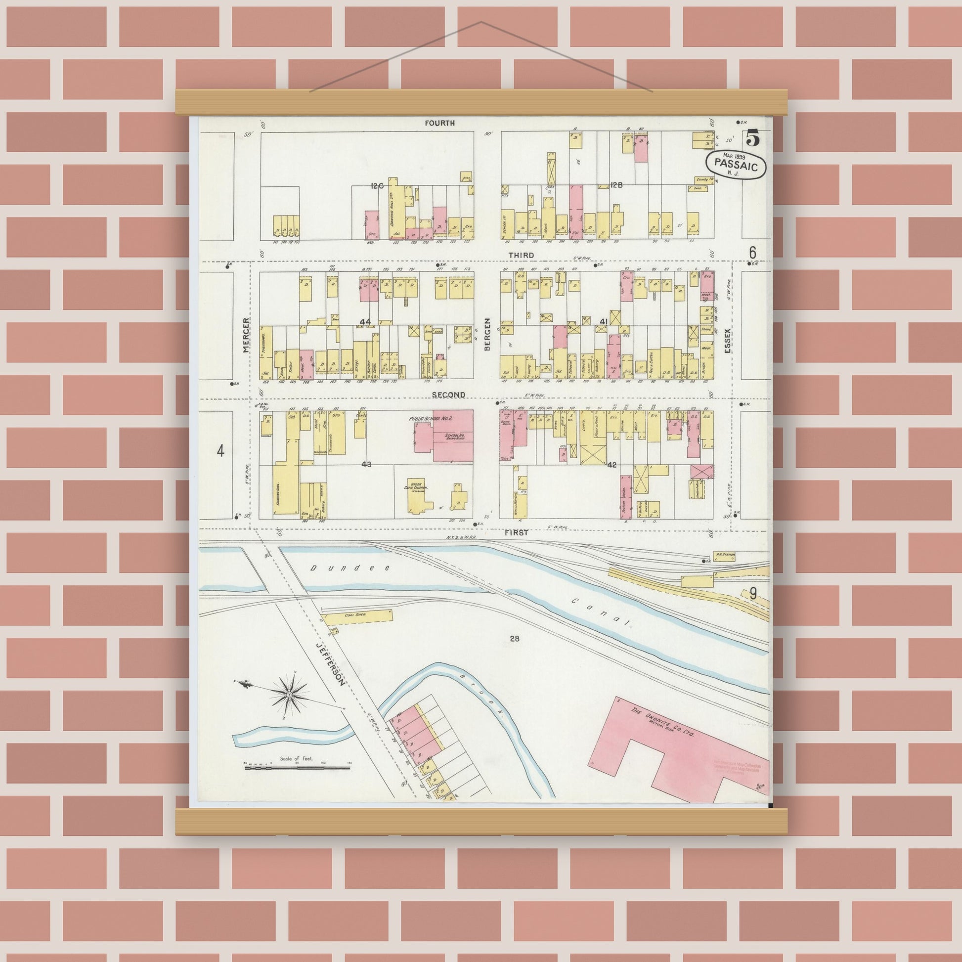 Old map wall art mockup — magnetic wood frame on brick wall — Sanborn Fire Insurance Map from Passaic, Passaic County, New Jersey (1899), Sheet #0005