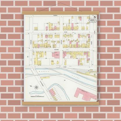 Old map wall art mockup — magnetic wood frame on brick wall — Sanborn Fire Insurance Map from Passaic, Passaic County, New Jersey (1899), Sheet #0005