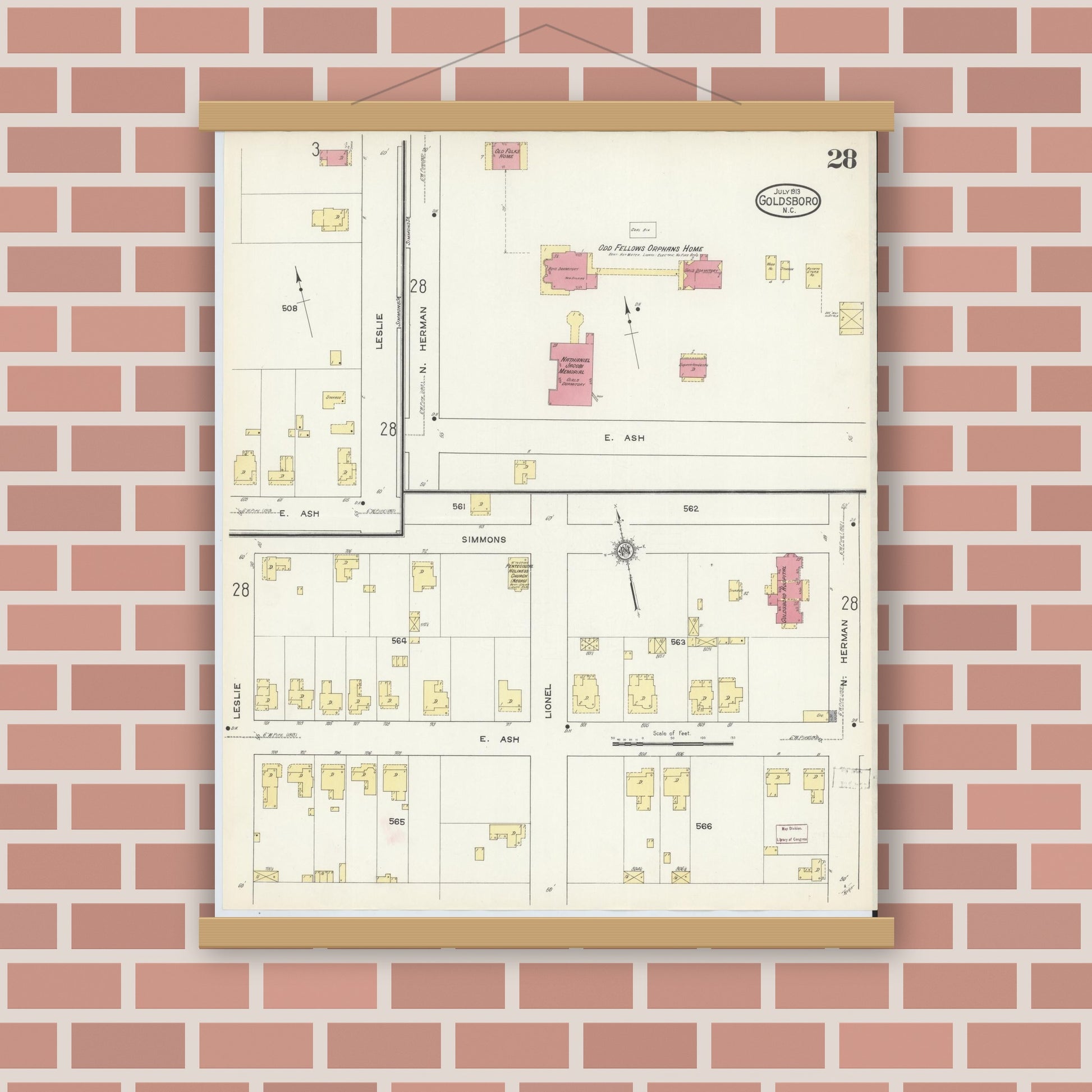 Old map wall art mockup — magnetic wood frame on brick wall — Sanborn Fire Insurance Map from Goldsboro, Wayne County, North Carolina (1913), Sheet #0028