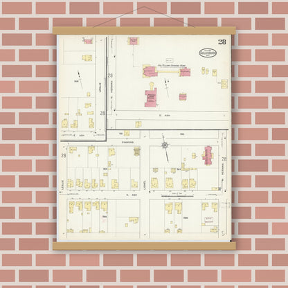 Old map wall art mockup — magnetic wood frame on brick wall — Sanborn Fire Insurance Map from Goldsboro, Wayne County, North Carolina (1913), Sheet #0028