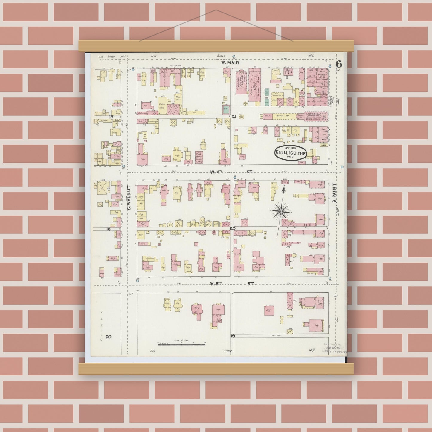 Old map wall art mockup — magnetic wood frame on brick wall — Sanborn Fire Insurance Map from Chillicothe, Ross County, Ohio (1890), Sheet #0006