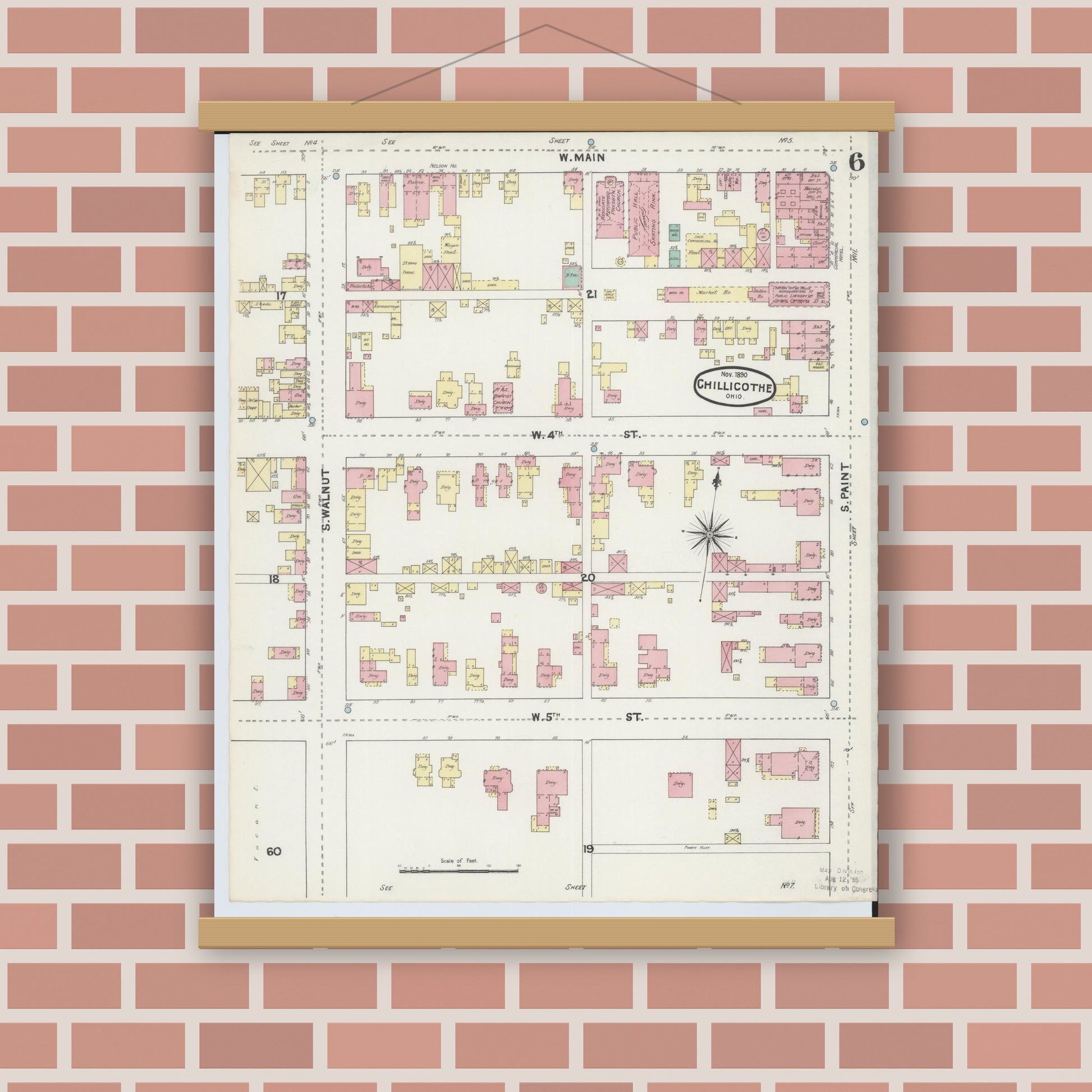 Old map wall art mockup — magnetic wood frame on brick wall — Sanborn Fire Insurance Map from Chillicothe, Ross County, Ohio (1890), Sheet #0006