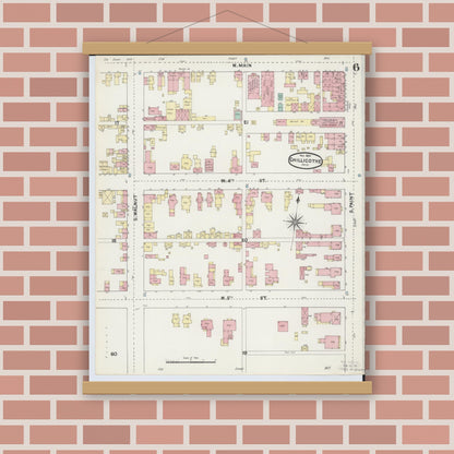Old map wall art mockup — magnetic wood frame on brick wall — Sanborn Fire Insurance Map from Chillicothe, Ross County, Ohio (1890), Sheet #0006