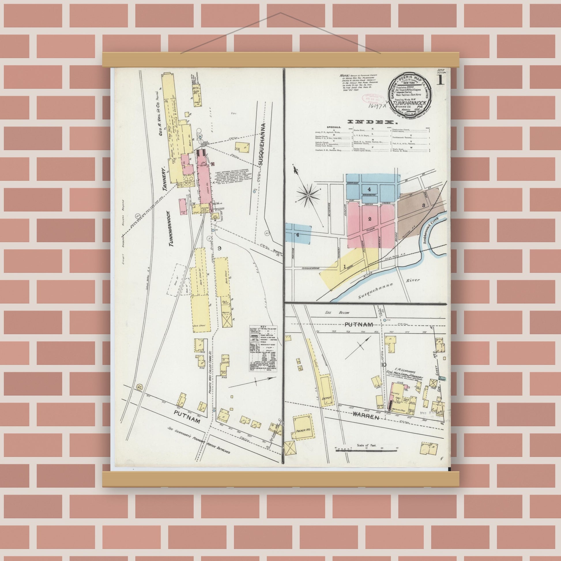 Old map wall art mockup — magnetic wood frame on brick wall — Sanborn Fire Insurance Map from Tunkhannock, Wyoming County, Pennsylvania (1892), Sheet #0001