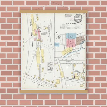 Old map wall art mockup — magnetic wood frame on brick wall — Sanborn Fire Insurance Map from Tunkhannock, Wyoming County, Pennsylvania (1892), Sheet #0001