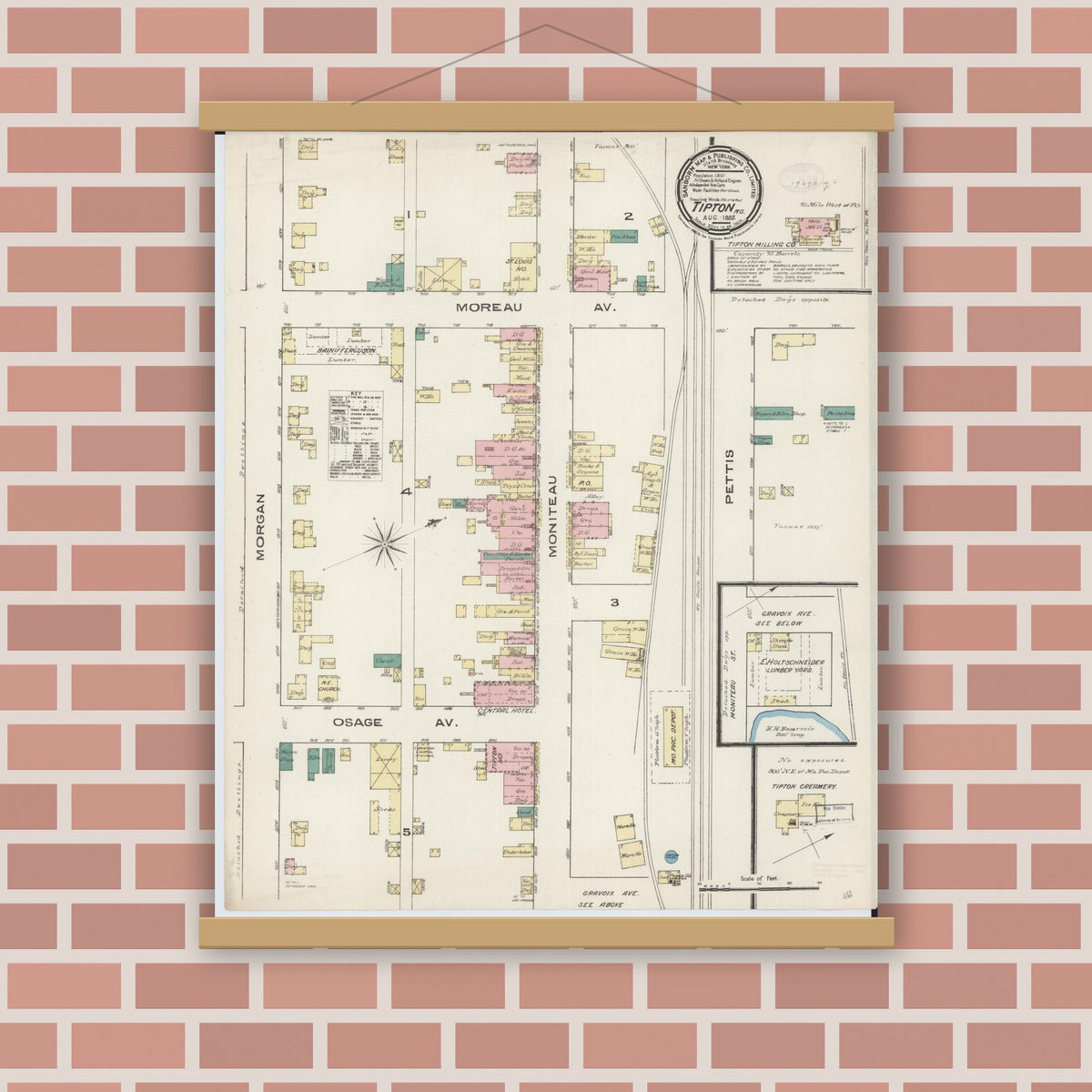 Old map wall art mockup — magnetic wood frame on brick wall — Sanborn Fire Insurance Map from Tipton, Moniteau County, Missouri (1885), Sheet #0001