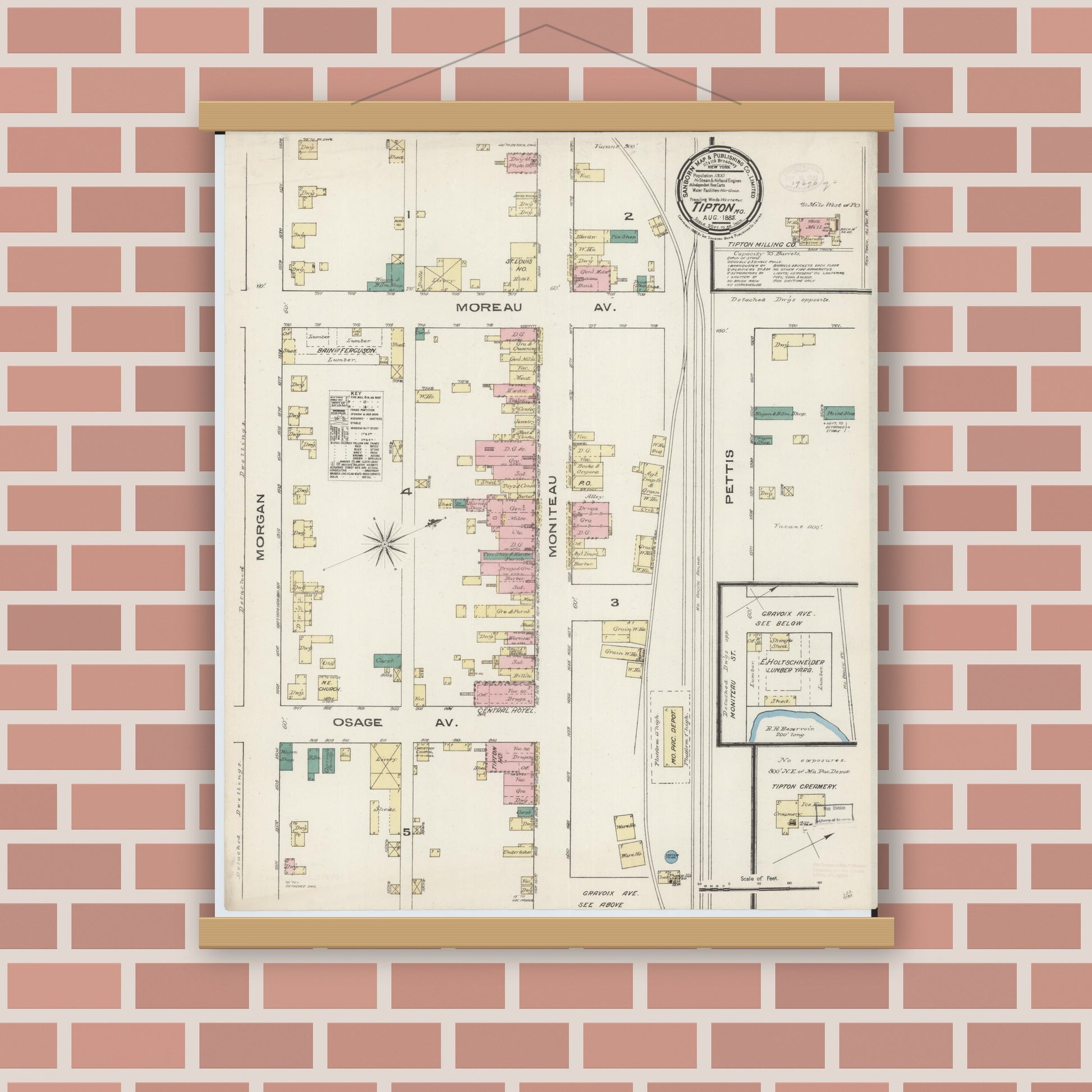 Old map wall art mockup — magnetic wood frame on brick wall — Sanborn Fire Insurance Map from Tipton, Moniteau County, Missouri (1885), Sheet #0001