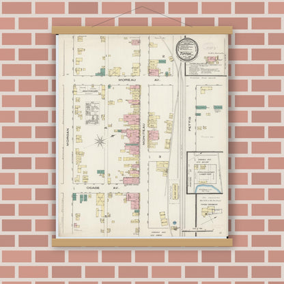 Old map wall art mockup — magnetic wood frame on brick wall — Sanborn Fire Insurance Map from Tipton, Moniteau County, Missouri (1885), Sheet #0001