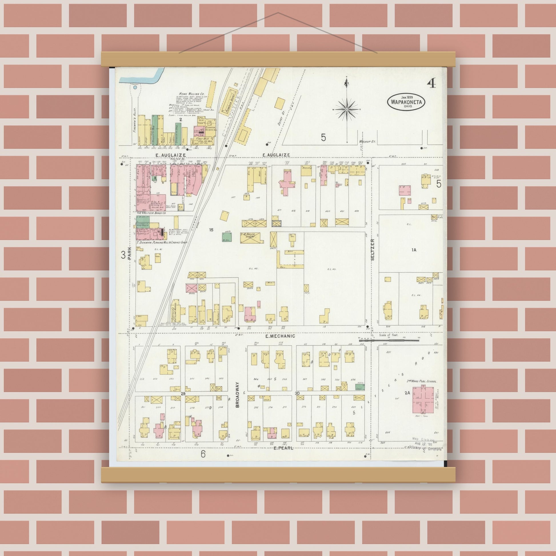Old map wall art mockup — magnetic wood frame on brick wall — Sanborn Fire Insurance Map from Wapakoneta, Auglaize County, Ohio (1899), Sheet #0004