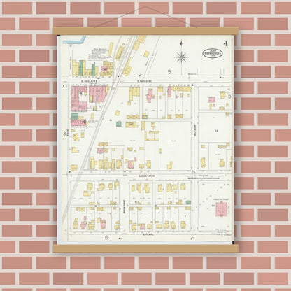 Old map wall art mockup — magnetic wood frame on brick wall — Sanborn Fire Insurance Map from Wapakoneta, Auglaize County, Ohio (1899), Sheet #0004