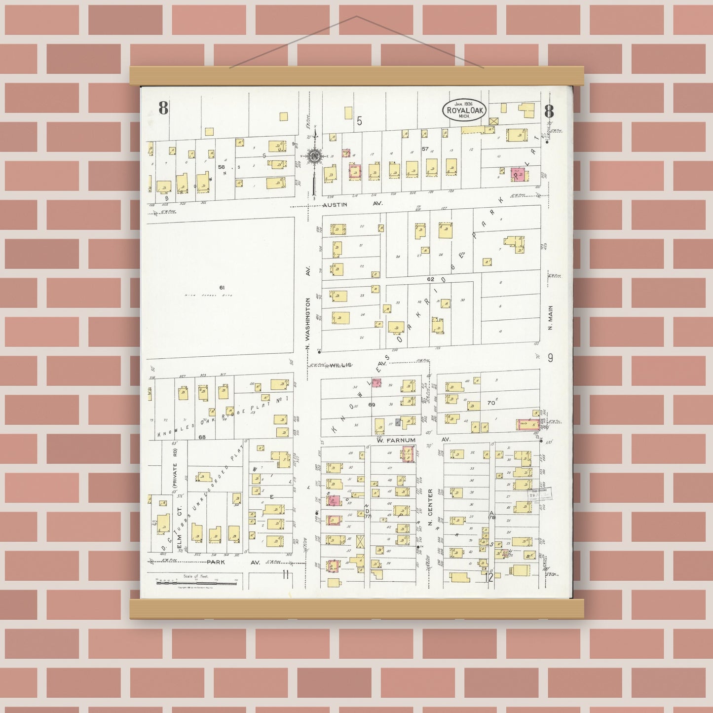 Old map wall art mockup — magnetic wood frame on brick wall — Sanborn Fire Insurance Map from Royal Oak, Oakland County, Michigan (1926), Sheet #0008