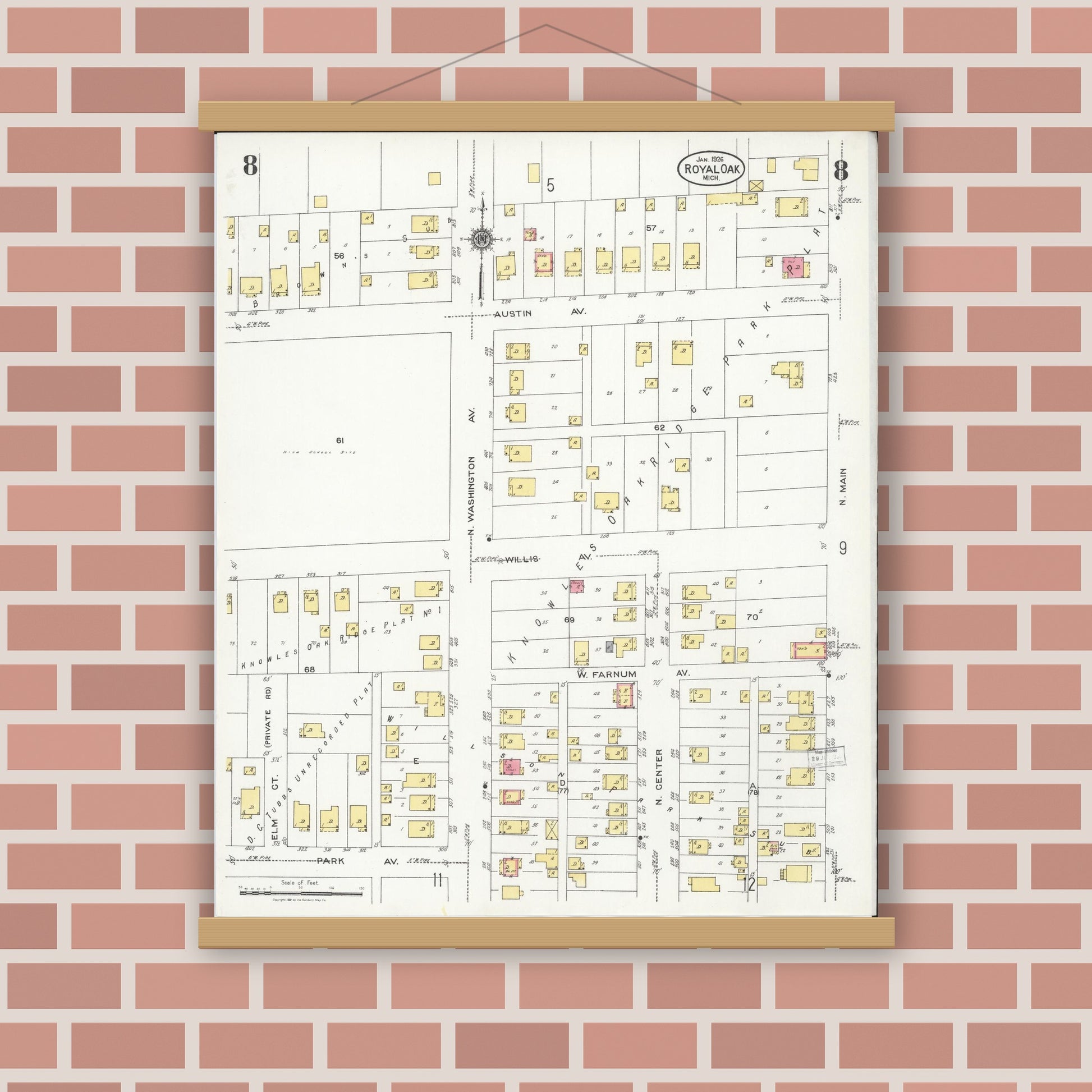 Old map wall art mockup — magnetic wood frame on brick wall — Sanborn Fire Insurance Map from Royal Oak, Oakland County, Michigan (1926), Sheet #0008