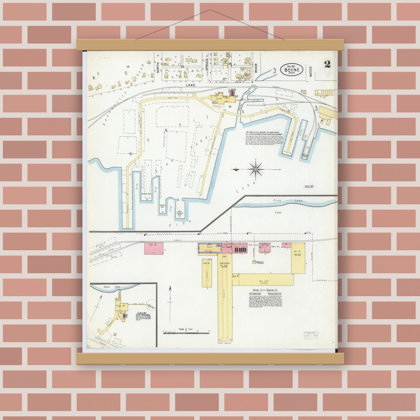 Old map wall art mockup — magnetic wood frame on brick wall — Sanborn Fire Insurance Map from Boyne City, Charlevoix County, Michigan (1901), Sheet #0002