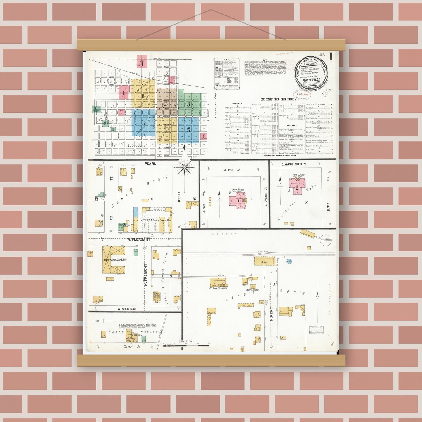 Old map wall art mockup — magnetic wood frame on brick wall — Sanborn Fire Insurance Map from Knoxville, Marion County, Iowa (1899) â€” Complete Set