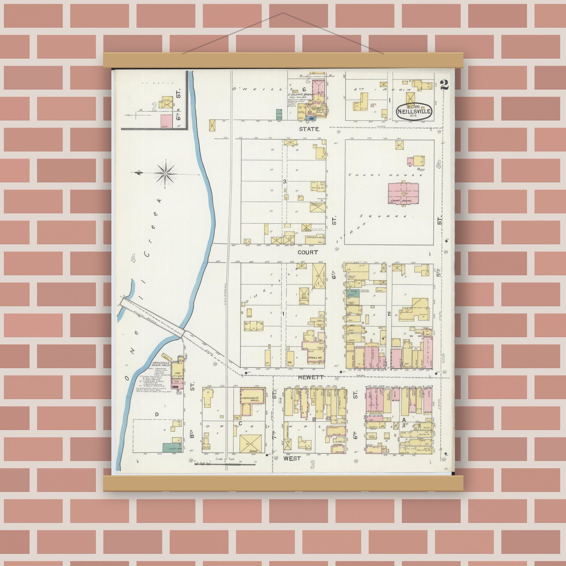 Old map wall art mockup — magnetic wood frame on brick wall — Sanborn Fire Insurance Map from Neillsville, Clark County, Wisconsin (1892), Sheet #0002