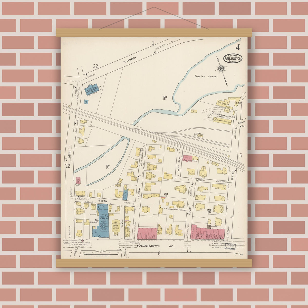 Old map wall art mockup — magnetic wood frame on brick wall — Sanborn Fire Insurance Map from Arlington, Middlesex County, Massachusetts (1922), Sheet #0004