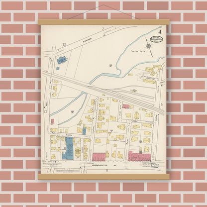 Old map wall art mockup — magnetic wood frame on brick wall — Sanborn Fire Insurance Map from Arlington, Middlesex County, Massachusetts (1922), Sheet #0004