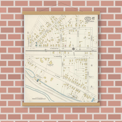 Old map wall art mockup — magnetic wood frame on brick wall — Sanborn Fire Insurance Map from Bath, Steuben County, New York (1915), Sheet #0017