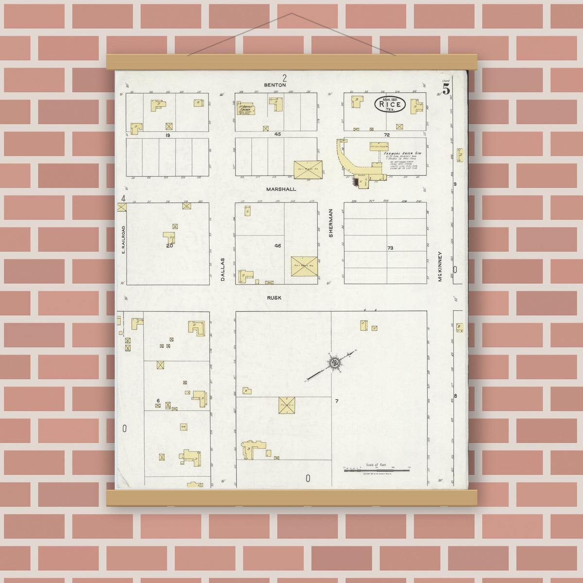 Old map wall art mockup — magnetic wood frame on brick wall — Sanborn Fire Insurance Map from Rice, Navarro County, Texas (1921), Sheet #0005