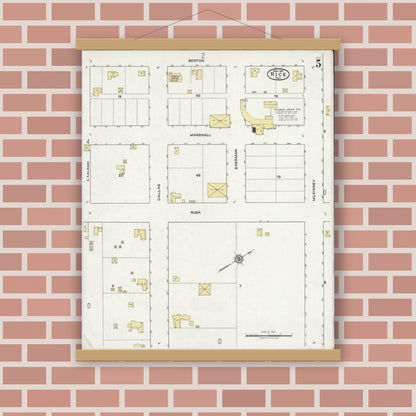 Old map wall art mockup — magnetic wood frame on brick wall — Sanborn Fire Insurance Map from Rice, Navarro County, Texas (1921), Sheet #0005