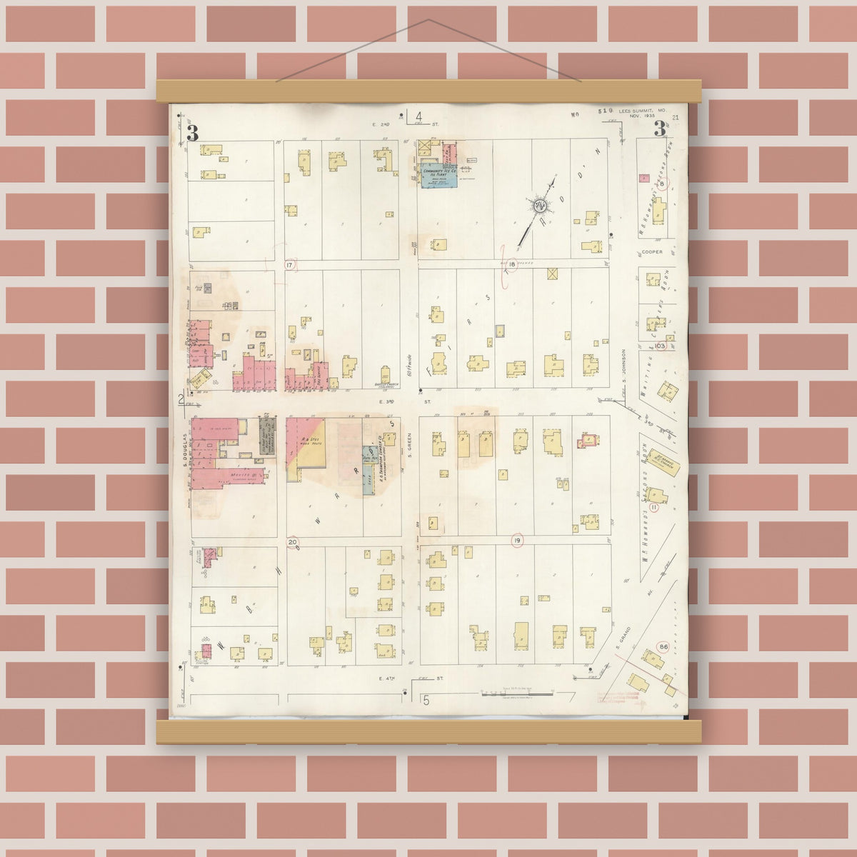 Old map wall art mockup — magnetic wood frame on brick wall — Sanborn Fire Insurance Map from Lee's Summit, Jackson County, Missouri (1945), Sheet #0003