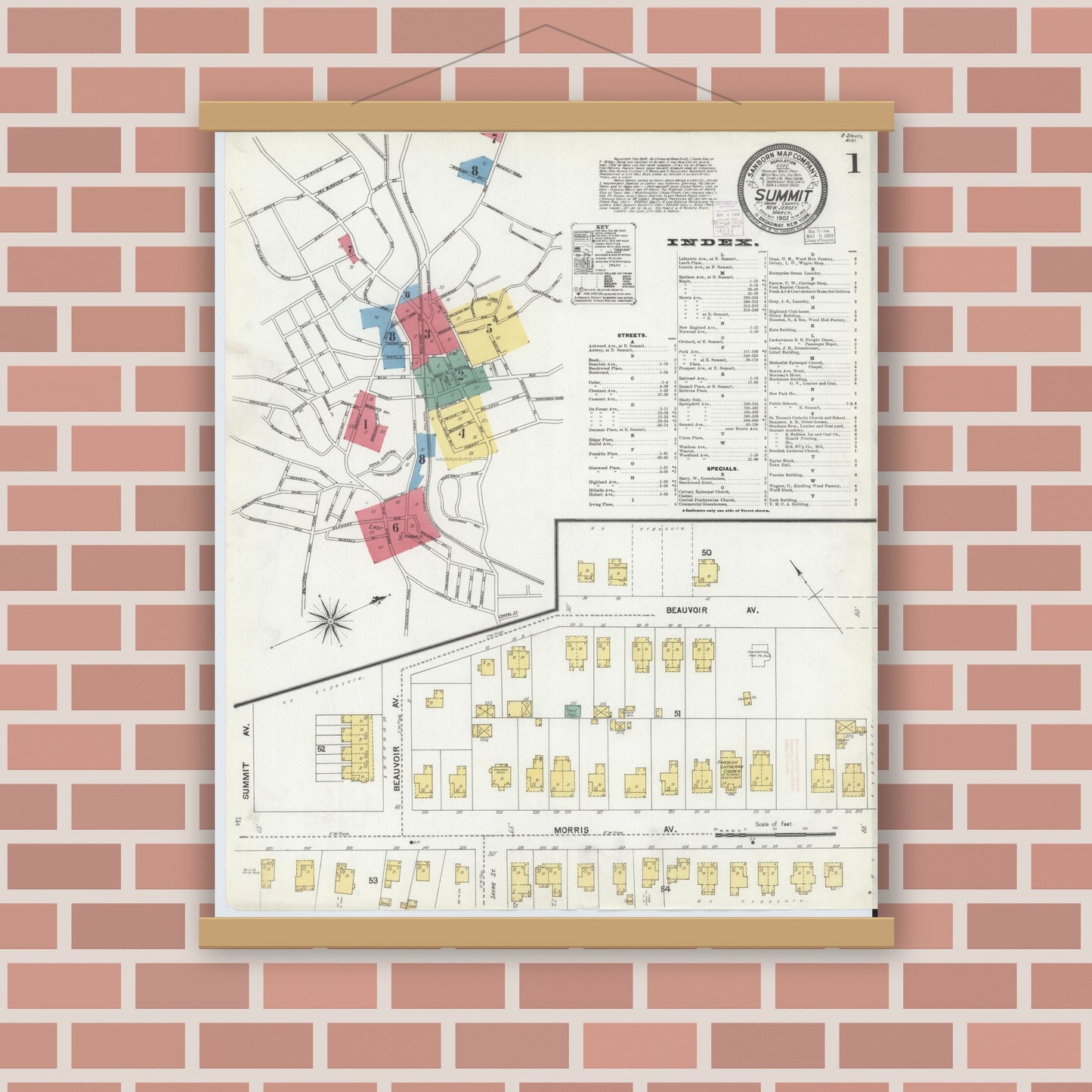 Old map wall art mockup — magnetic wood frame on brick wall — Sanborn Fire Insurance Map from Summit, Union County, New Jersey (1903), Sheet #0001