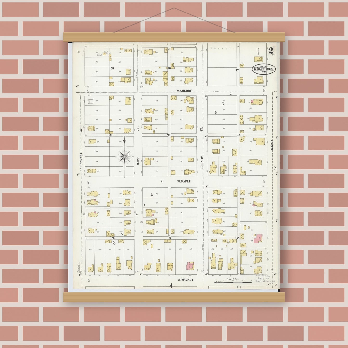 Old map wall art mockup — magnetic wood frame on brick wall — Sanborn Fire Insurance Map from North Baltimore, Wood County, Ohio (1900), Sheet #0002