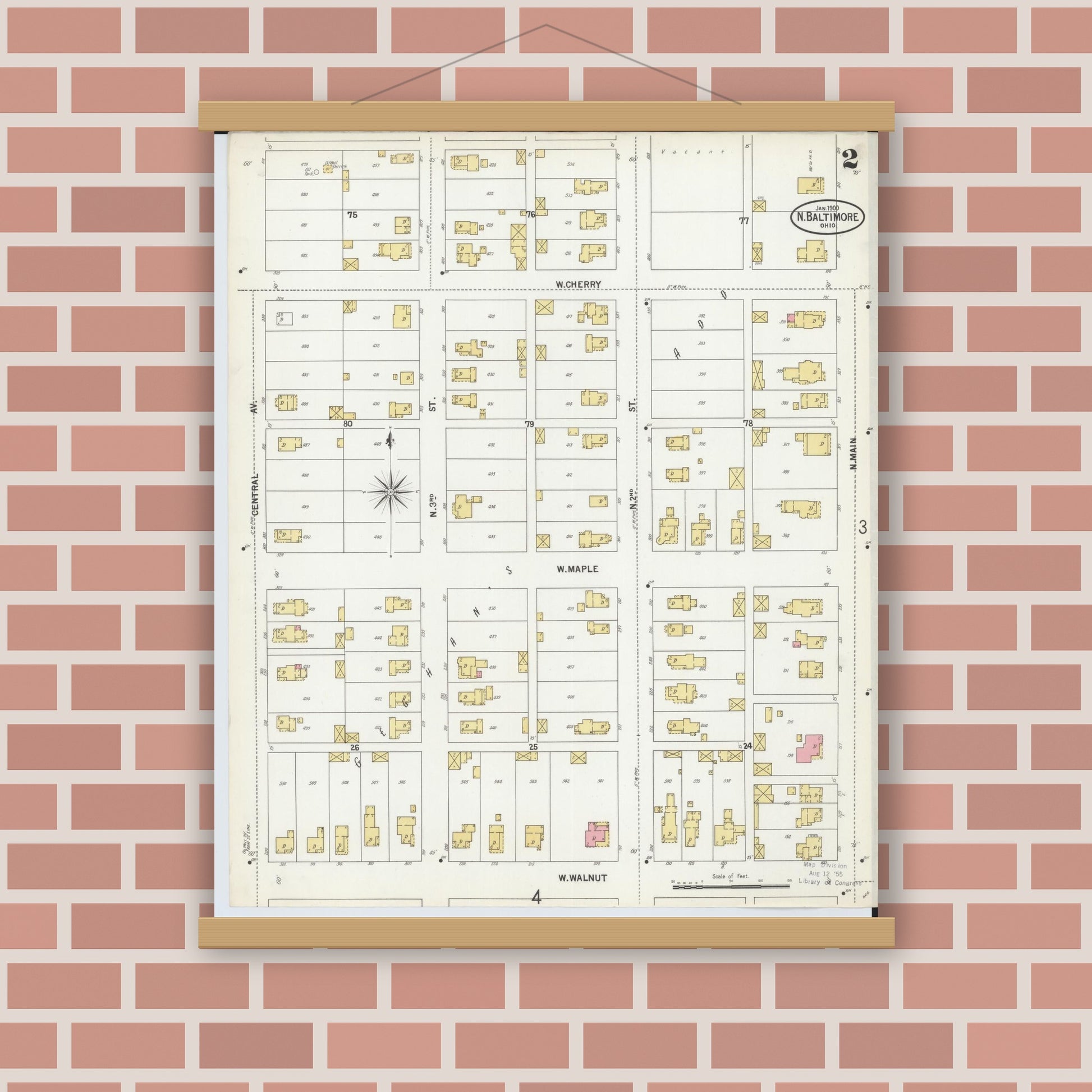Old map wall art mockup — magnetic wood frame on brick wall — Sanborn Fire Insurance Map from North Baltimore, Wood County, Ohio (1900), Sheet #0002