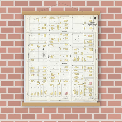 Old map wall art mockup — magnetic wood frame on brick wall — Sanborn Fire Insurance Map from North Baltimore, Wood County, Ohio (1900), Sheet #0002