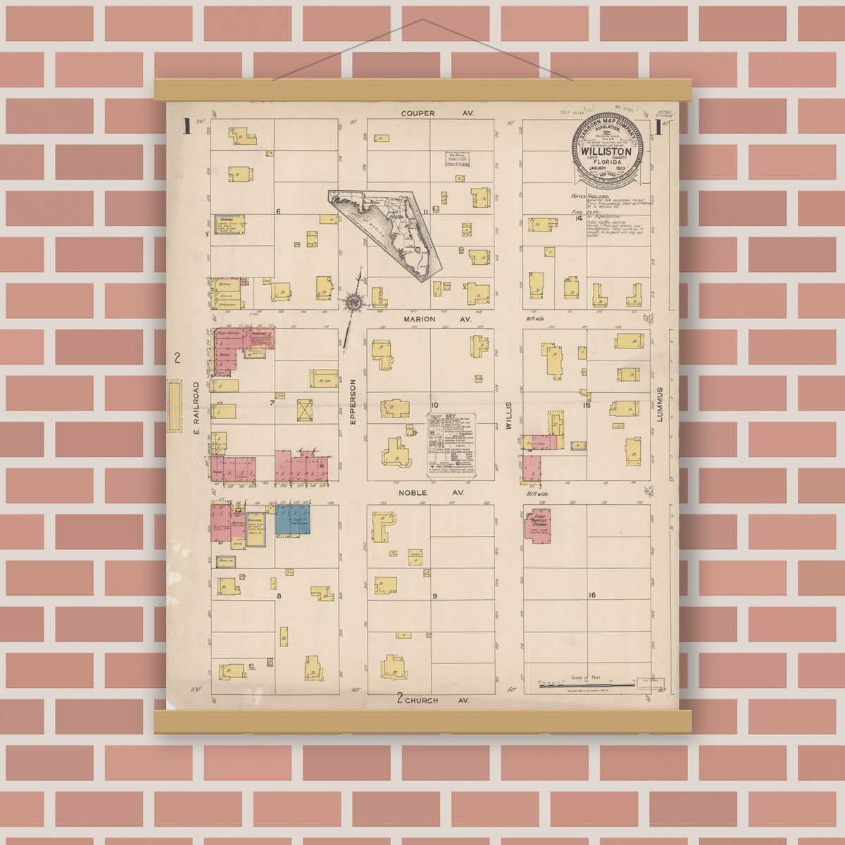 Old map wall art mockup — magnetic wood frame on brick wall — Sanborn Fire Insurance Map from Williston, Levy County, Florida (1923), Sheet #0001