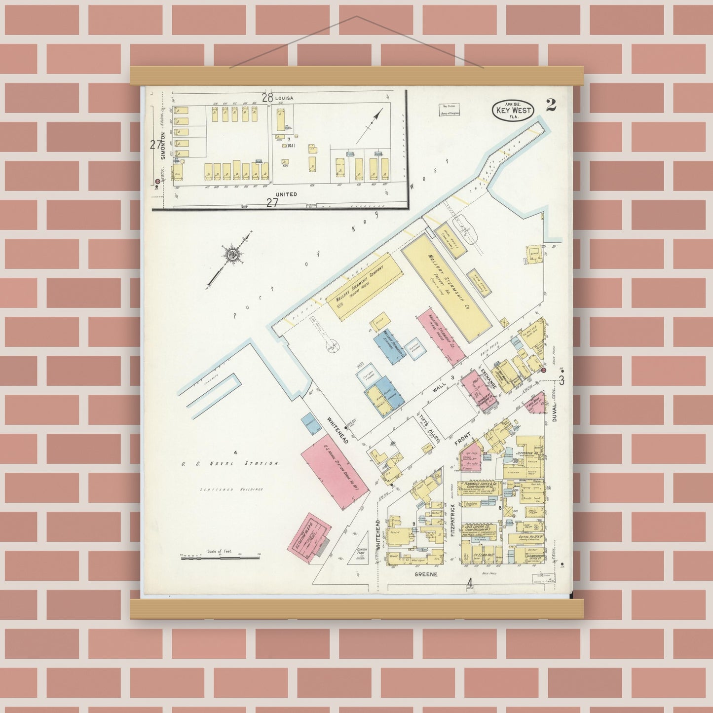 Old map wall art mockup — magnetic wood frame on brick wall — Sanborn Fire Insurance Map from Key West, Monroe County, Florida (1912), Sheet #0002