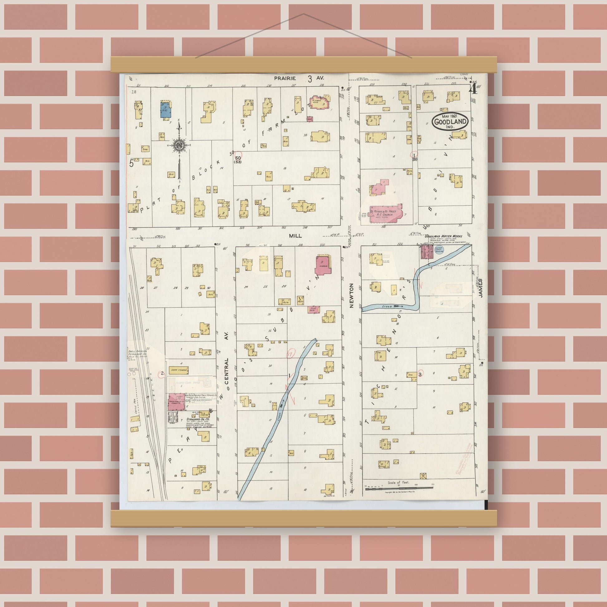 Old map wall art mockup — magnetic wood frame on brick wall — Sanborn Fire Insurance Map from Goodland, Newton County, Indiana (1933), Sheet #0004