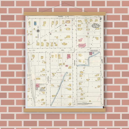 Old map wall art mockup — magnetic wood frame on brick wall — Sanborn Fire Insurance Map from Goodland, Newton County, Indiana (1933), Sheet #0004