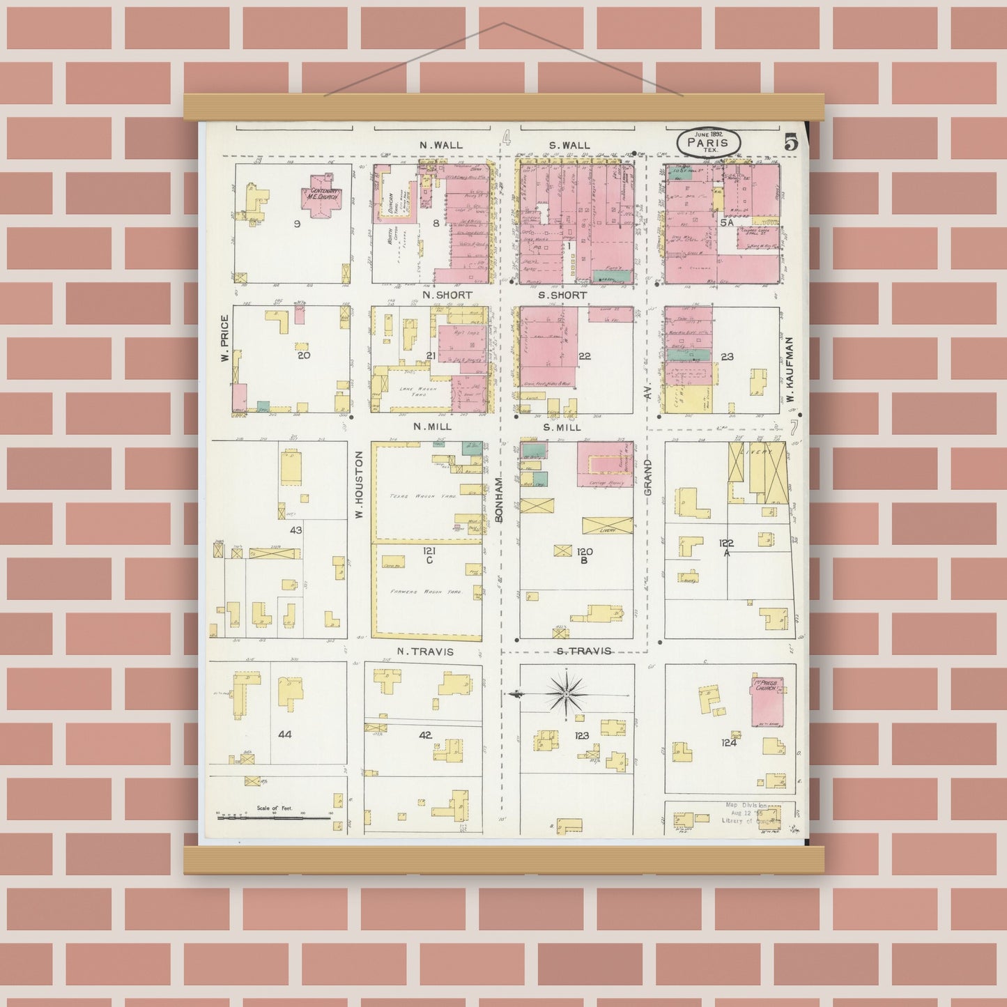 Old map wall art mockup — magnetic wood frame on brick wall — Sanborn Fire Insurance Map from Paris, Lamar County, Texas (1892), Sheet #0005