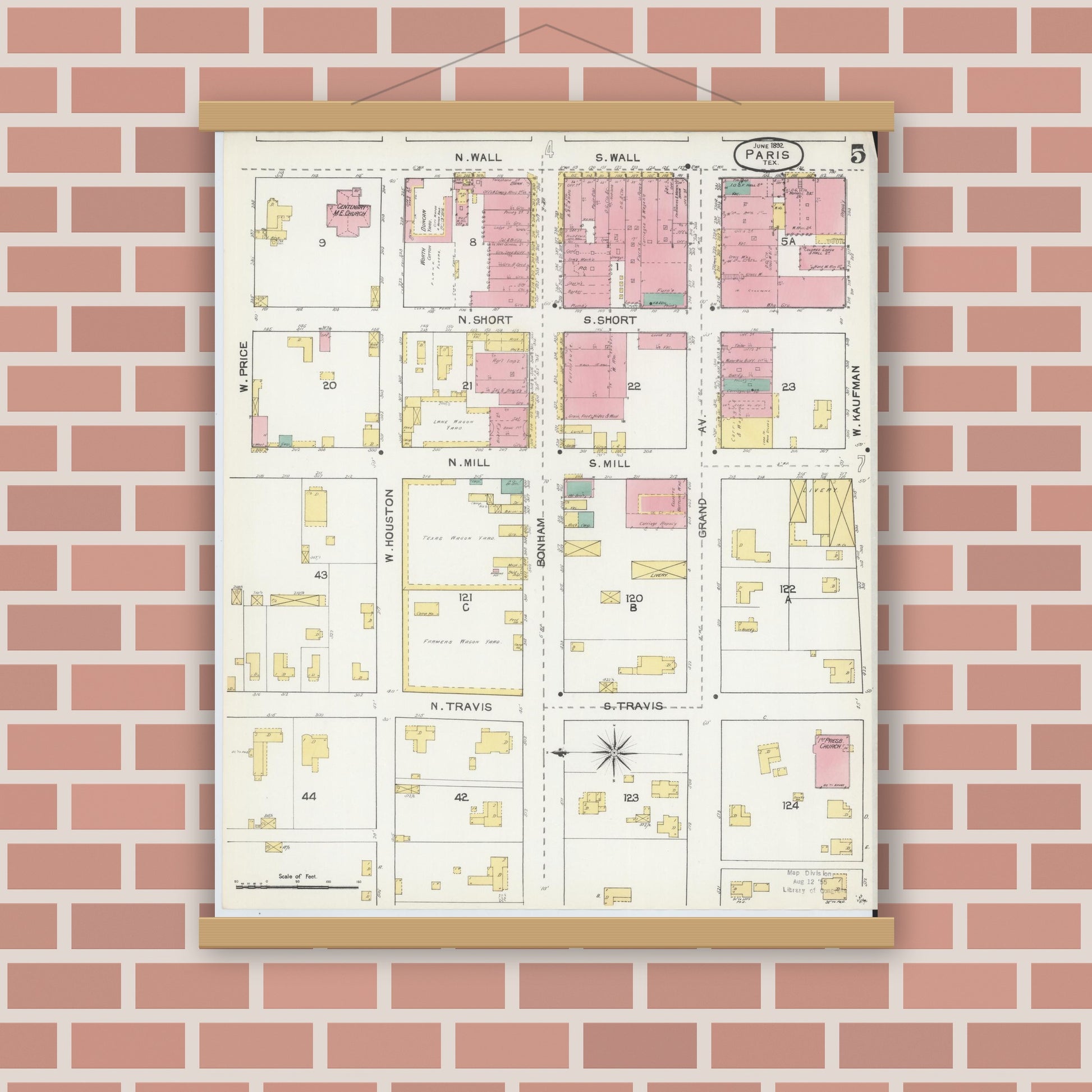 Old map wall art mockup — magnetic wood frame on brick wall — Sanborn Fire Insurance Map from Paris, Lamar County, Texas (1892), Sheet #0005