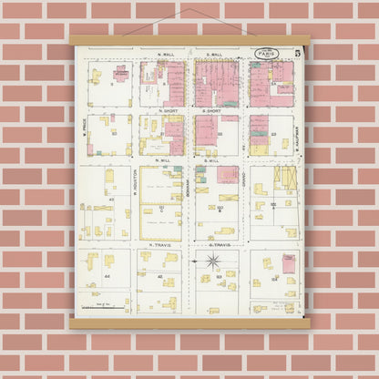 Old map wall art mockup — magnetic wood frame on brick wall — Sanborn Fire Insurance Map from Paris, Lamar County, Texas (1892), Sheet #0005