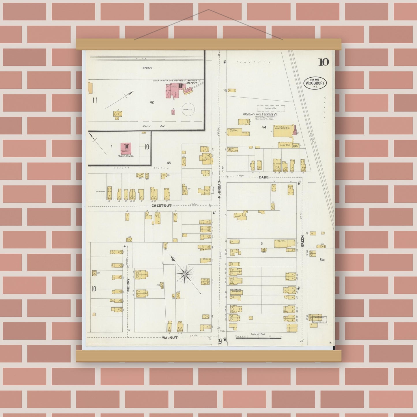 Old map wall art mockup — magnetic wood frame on brick wall — Sanborn Fire Insurance Map from Woodbury, Gloucester County, New Jersey (1902), Sheet #0010