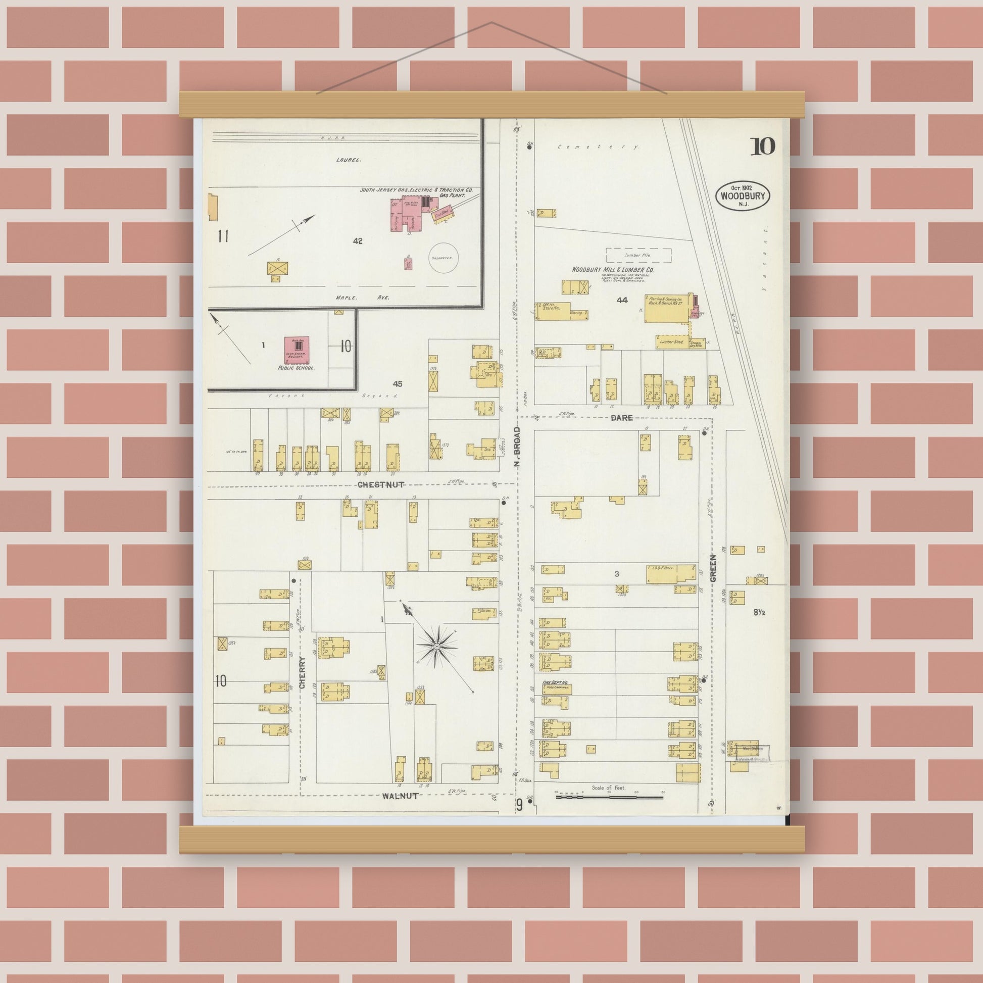 Old map wall art mockup — magnetic wood frame on brick wall — Sanborn Fire Insurance Map from Woodbury, Gloucester County, New Jersey (1902), Sheet #0010