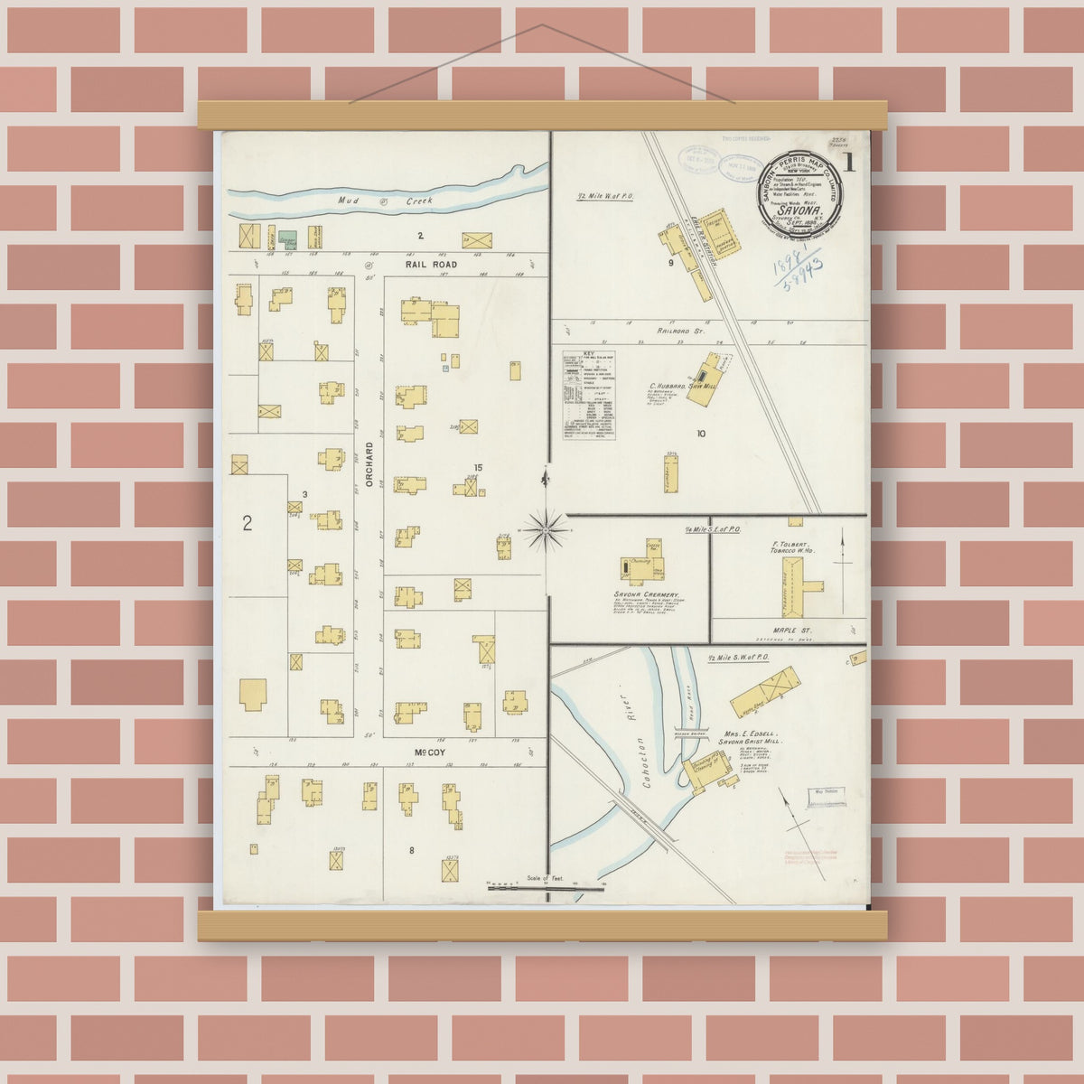 Old map wall art mockup — magnetic wood frame on brick wall — Sanborn Fire Insurance Map from Savona, Steuben County, New York (1898) - Complete Map Set