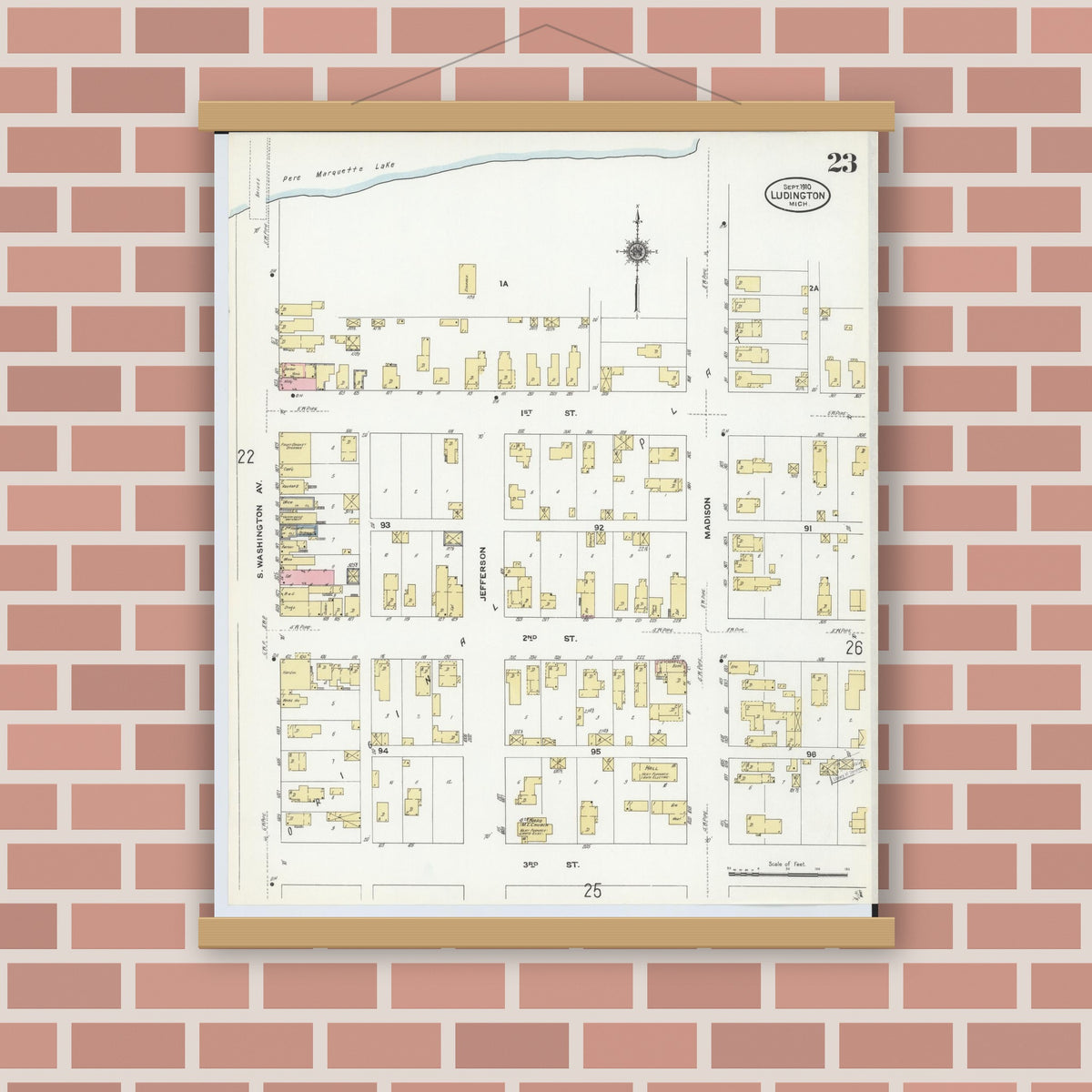 Old map wall art mockup — magnetic wood frame on brick wall — Sanborn Fire Insurance Map from Ludington, Mason County, Michigan (1910), Sheet #0023